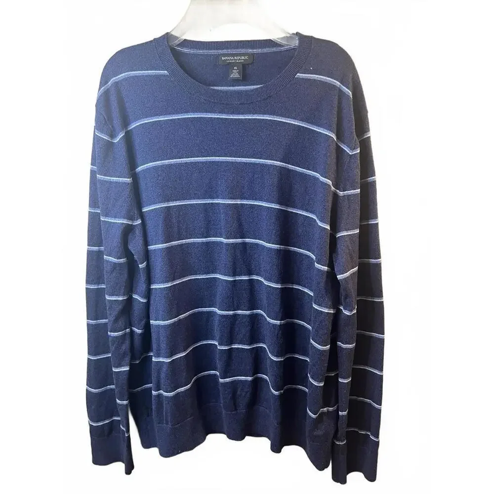 Banana Republic Men's Luxury Silk Blend Navy Blue Striped Crew Neck Sweater XL - Picture 1 of 5
